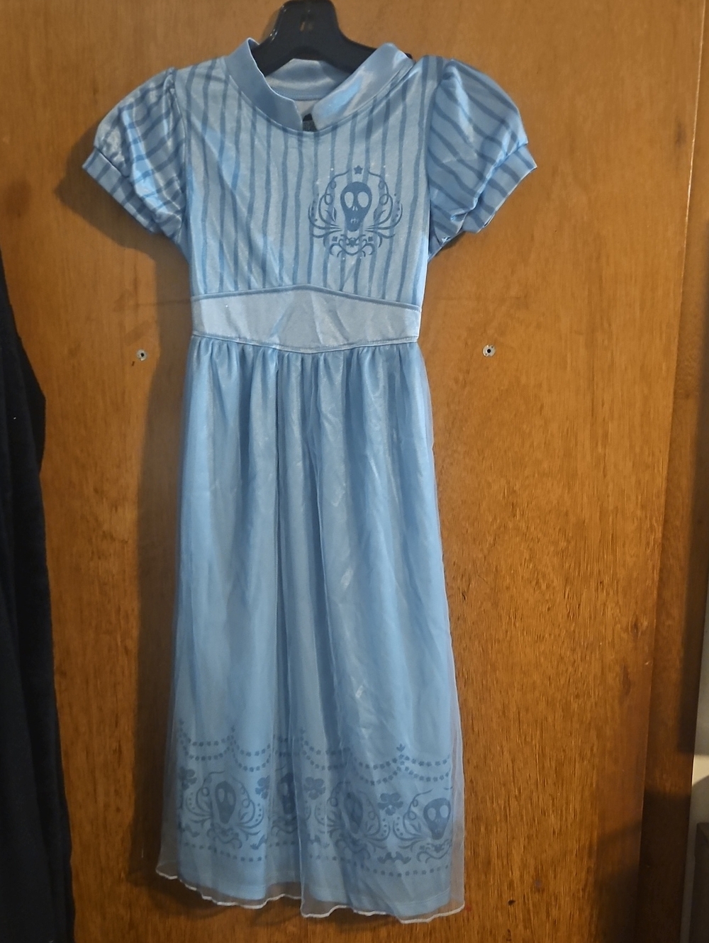 Light Blue Short-Sleeve Tiered Girls Nightgown with Subtle Beetlejuice Crest